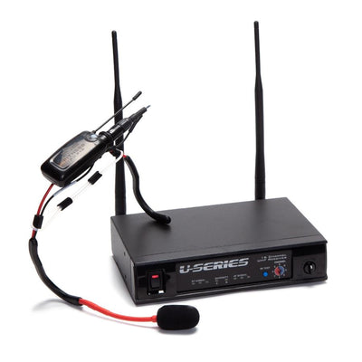 Front view of black and red Fitness Audio U-Series Mini-Transmitter E Mic System